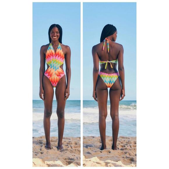 FARM RIO Chevron One-piece Swimsuit In Light Chevron Size Large - Picture 1 of 6